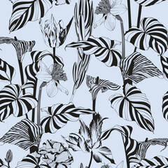 Naklejka premium Pattern background with tulips, daffodils, callas, flowers, leaf drawing illustration. Exotic line illustration.