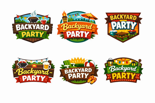 Backyard party logos collection featuring barbecues, picnic items, summer elements, and celebration symbols for outdoor events