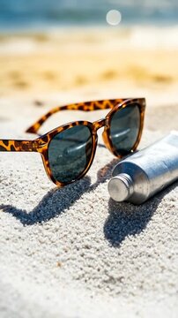 Close‑up view of tortoiseshell sunglasses and silver sunblock tube resting on sun‑kissed beach sand, capturing a relaxed summer vacation scene