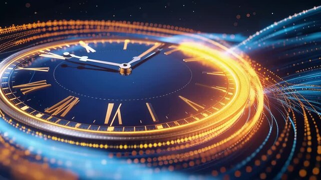 Time's Intricate Embrace: A clock face, the hands forever ticking, is enveloped in an intricate dance of light and energy, symbolizing the passage of time.