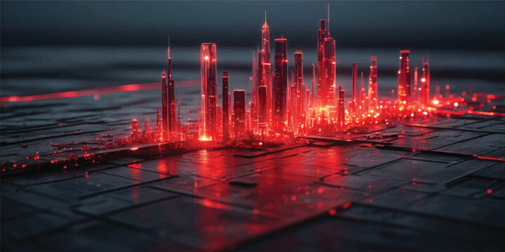 Abstract red blood cells flow through an industrial city night where refinery towers and factory lights reflect over water fountains against a petrochemical sky