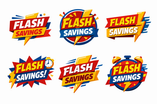 Flash savings banners set displaying limited time promotion, fast discount, and quick sale advertising labels