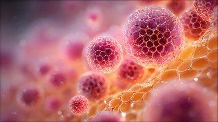 Abstract cellular structure showing many biological cells growing together on tissue in a magnified science illustration background texture.