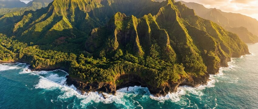 Exploring the untamed beauty of na pali coast hawaii aerial view of lush green cliffs and turquoise waters captured in breathtaking landscape photography