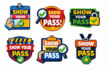 Obraz premium Collection of badges and labels showing a hand holding a credential with text show your pass for authorization and entry