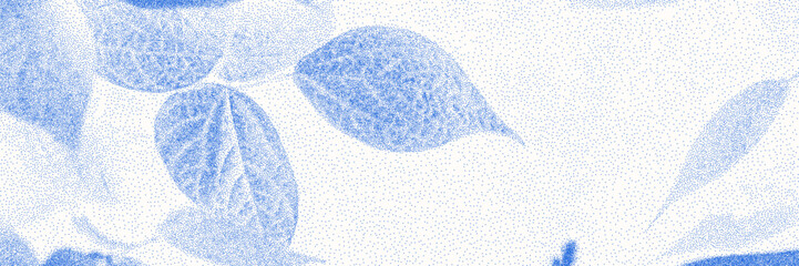Naklejka premium Cyanotype stipple overlay texture bg with leaves silhouettes. Vector soft blue wallpaper for template, graphic design projects, artworks