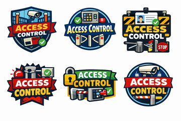 Naklejka premium Access control systems collection featuring security cameras, turnstiles, gates, and biometric scanners
