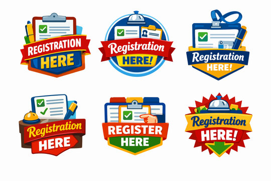 Collection of stylized registration badges and labels with clipboards, checkmarks, pens, and hotel bells