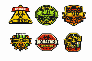 Obraz premium Biohazard warning signs and labels design set on a white background, indicating toxic, risk, and caution areas