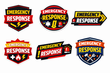 Obraz premium Emergency response badges and logos set. Offering caution, safety, and urgent action visuals for various services