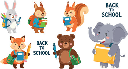 Obraz premium Cute Back-to-School Animals – Rabbit, Squirrel, Fox, Bear, and Elephant with School Supplies and Backpacks in Fun Cartoon Style