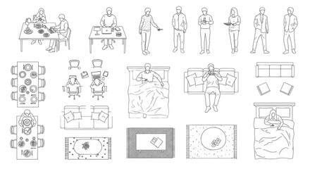 Obraz premium Diverse minimalist line art figures in everyday activities with furniture (desks, sofas, beds, tables) in precise black outline on transparent background, top-down blueprint view. Concept for
