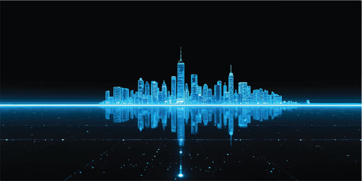 Abstract blue background featuring a digital sound wave equalizer silhouette over a night city skyline vector illustration with urban architecture skyscrapers and buildings