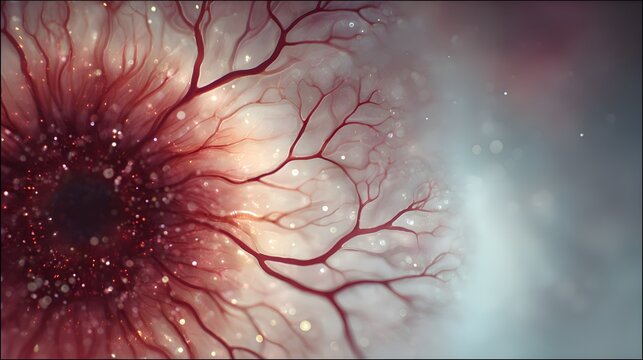 An artistic representation depicts a network of crimson capillaries branching out, resembling roots against a blurred ethereal background, soft and