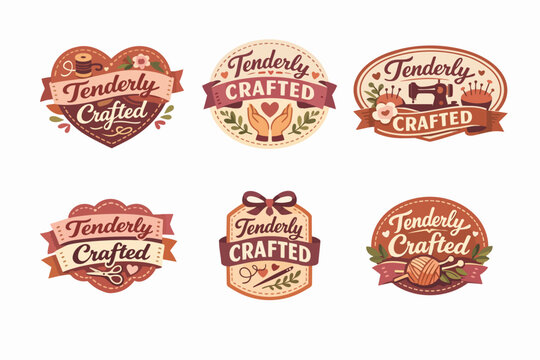 Set of vector logos for craft stores, workshops, or handmade goods, showing vintage elements and ribbons