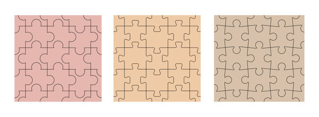Set of seamless jigsaw puzzle patterns with interlocking pieces in vector outline format. Different geometric puzzle shapes perfect for DIY game background, template, graphic design, project, template © Volha