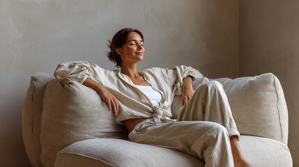 Fototapeta premium Serene Moment of Relaxation: A person reclines comfortably on a plush sofa, eyes closed, radiating tranquility and contentment, creating an atmosphere of peace and serenity.