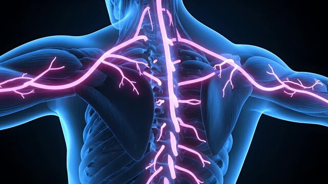 Detailed 3D visualization of the human nervous system and spinal cord.