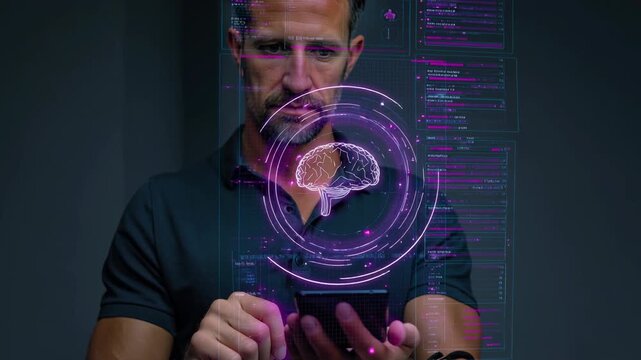 Man stares at glowing brain interface on transparent screen. Fingers hover near digital display, suggesting interaction. Purple light pulses softly around neural model