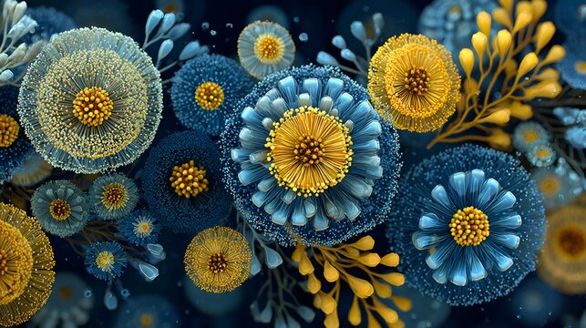 An abstract floral arrangement of digitally created flowers in shades of blue and yellow, creating a fantastical and organic pattern design.