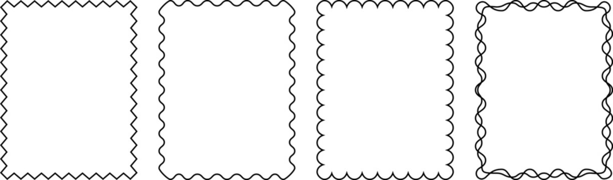 Frame set of standard ratio rectangles 3x4 with wavy, scallop, zigzag, double edges in vertical, mobile and portrait formats.