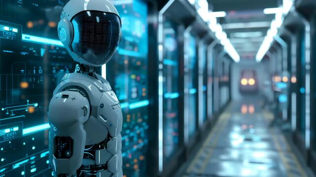 Futuristic android working inside a spaceship