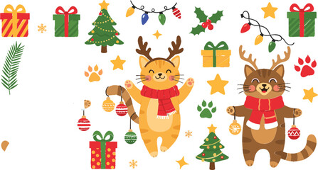 Obraz premium Festive Christmas Cats with Ornaments, Gifts, and Holiday Decorations – Cute Winter Vector Set with Trees, Stars, and Holiday Cheer