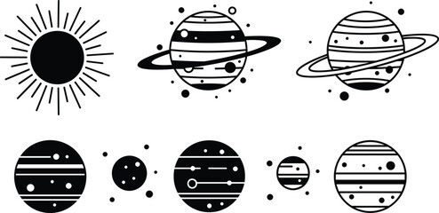 Stylized solar system icons, sun with rays, planets with rings, celestial bodies illustration, astronomy design, cosmic art, space exploration concept © MstFojila