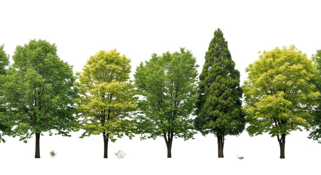 Diverse mature broadleaf deciduous and coniferous trees with vibrant green & yellowish foliage on a grass strip, isolated on a transparent background, soft natural light. Concept of natural