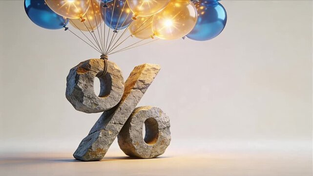 3d illustration of heavy stone percentage sign lifted by glowing balloons for reducing stress levels and awareness concept