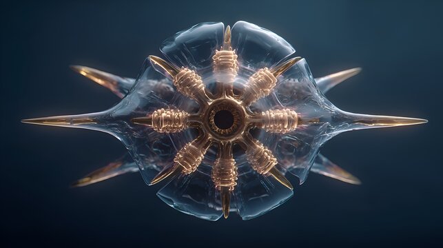 A futuristic looking alien spacecraft or submersible exploration drone with gold and transparent components is hove underwater in dark depths.
