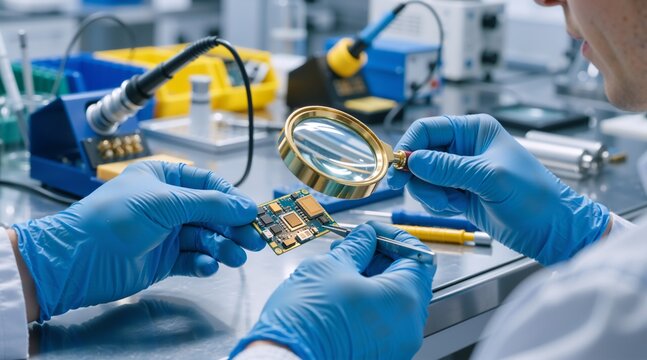 Technician inspecting a circuit board with a magnifying glass. Close up of hands in blue gloves working on microelectronics in a laboratory. Quality control and hardware repair concept