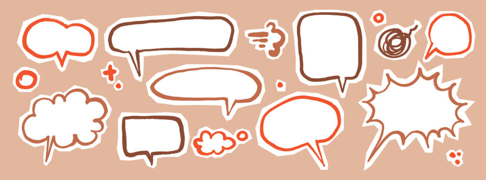 Scribble Speech Bubble Doodle Pack. Playful hand drawn elements in childish crayon or marker style. Kids Comic text boxes, sticker elements with rough cutout edges for scrapbook, journaling