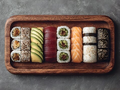 An overhead view showcases a wooden tray bea a colorful variety of freshly prepared sushi rolls arranged neatly against a gray background.