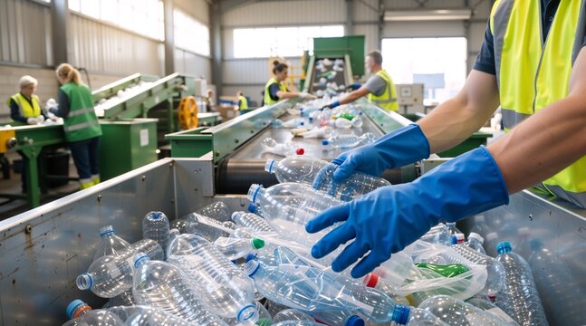 Workers sorting plastic bottles on conveyor belt in recycling facility. Waste management and environmental sustainability concept. Industrial plastic recycling plant