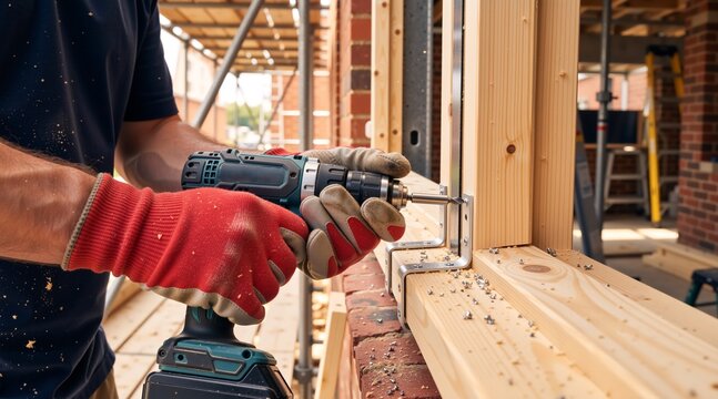 Construction worker using cordless drill to fix metal bracket on wood. Professional building and carpentry work. Close up of hands with power tool on site