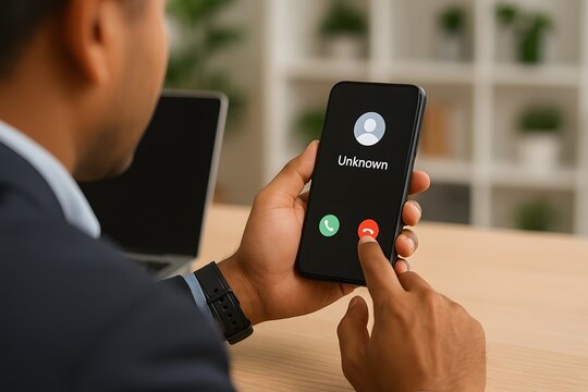 Man in a suit is seen from behind, his hand hovering over the reject button on a smartphone displaying an "unknown" caller.