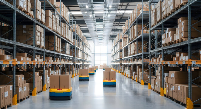 A well organized warehouse storage facility with rows of shelving units
