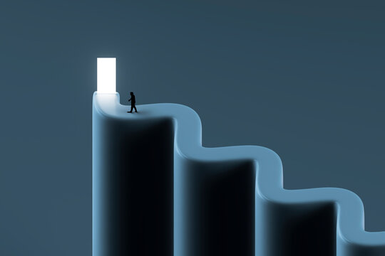 3D exit curved path with lone figure and glowing doorway