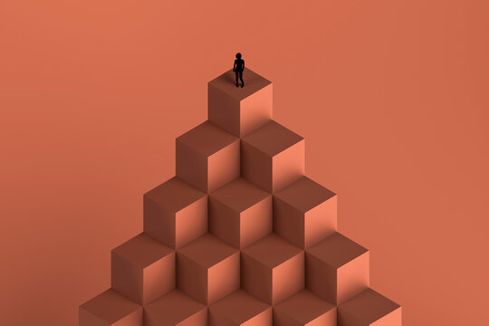 3D pyramid block summit with lone woman figure on geometric peak