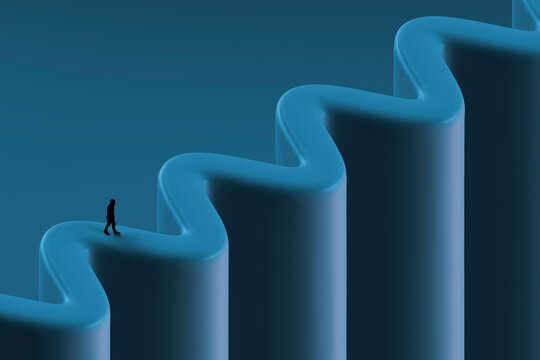 3D curved growth path with walking figure on blue structure