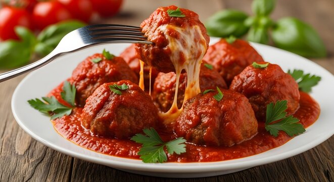 Mozzarella stuffed meatballs on a plate with tomato sauce and basil leaves on a wooden table