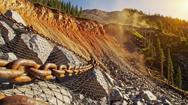 Chain Links on a Rockfall Protection Barrier Mesh at a Mountain Side to Prevent Landslides and Falling Debris in a Rugged Terrain Environment with Sun Flare