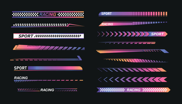 Sport car racing stripes and speed decals collection. graphic stickers with arrows, flames, and bold designs for auto, moto, bike customization and rally vehicle wraps. Vector illustration