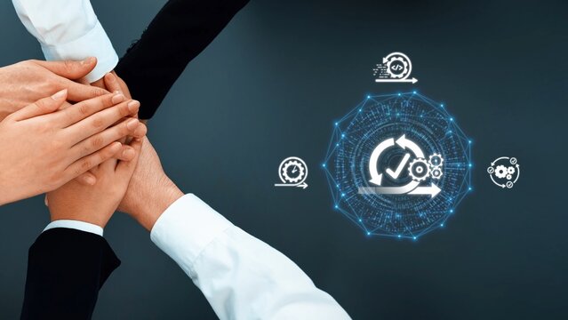 This image showcases diverse hands coming together in a collaborative effort, symbolizing unity and successful project management with digital and technological elements. Raster
