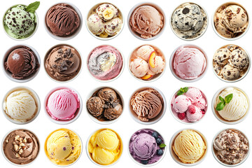 Fototapeta premium Top-down photograph of a vibrant grid of various ice cream scoops in bowls, featuring diverse flavors and toppings.