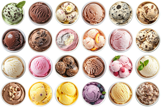 Top-down photograph of a vibrant grid of various ice cream scoops in bowls, featuring diverse flavors and toppings.