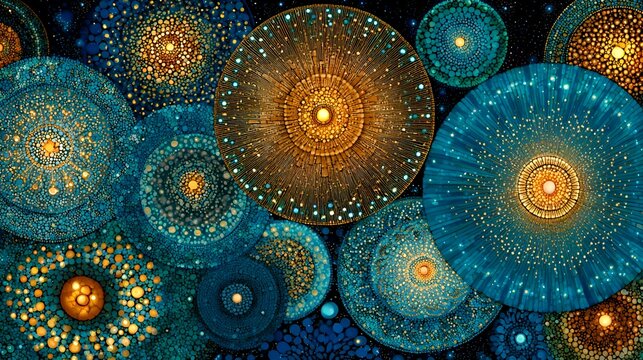 Intricate patterns of glowing golden and teal concentric circles create a mesmerizing and celestial abstract decorative background pattern.
