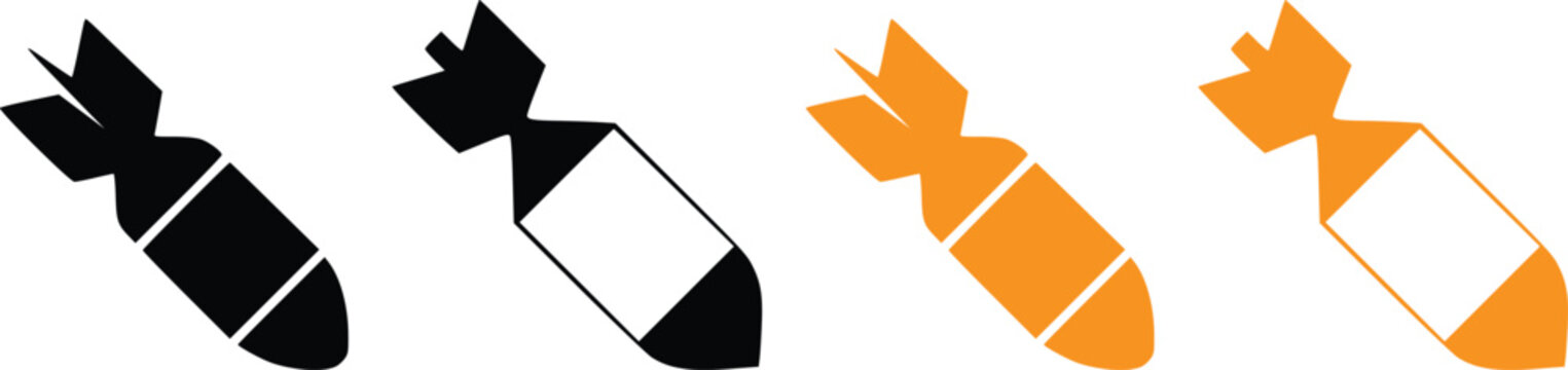 Bomb Icon Set Vector, Explosive Bomb Silhouette Collection, Cartoon Bomb Symbols in Black and Orange Isolated on White