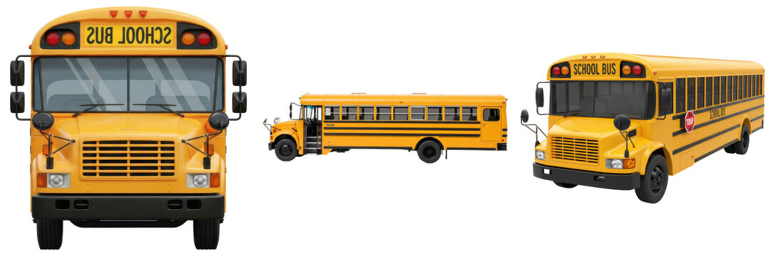 Three bright yellow school buses, captured from different angles, signifying student transport.